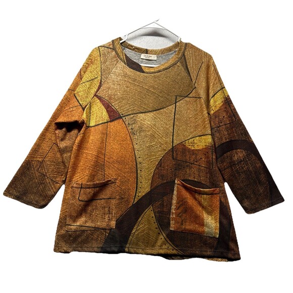 Jess & Jane Top Abstract Print Brown Large Lagenlook Pockets Tunic Long Sleeve - Picture 1 of 4